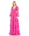 Mac Duggal Cascade Ruffle Long Sleeve A-line Gown In Fuchsia