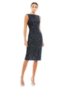 IEENA FOR MAC DUGGAL DRAPED BACK BOAT NECK SEQUINED COCKTAIL DRESS