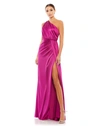 Ieena For Mac Duggal Gathered One Shoulder Satin Faux Wrap Gown In Berry