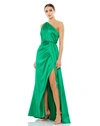 Ieena For Mac Duggal Gathered One Shoulder Satin Faux Wrap Gown In Emerald Green