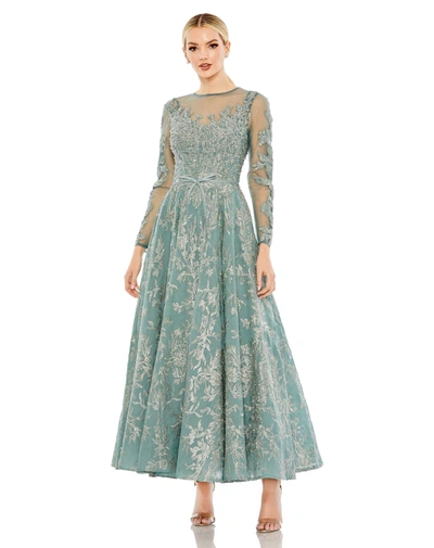 Mac Duggal Embellished Bow Belt Illusion Long Sleeve A Line Dress In Jade