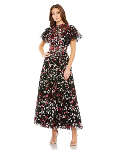 Mac Duggal Embellished Butterfly Tea Length A Line Dress In Black Multi