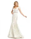 Mac Duggal Illusion Sequin Lace Feather Sleeve Mermaid Gown In Ivory Nude