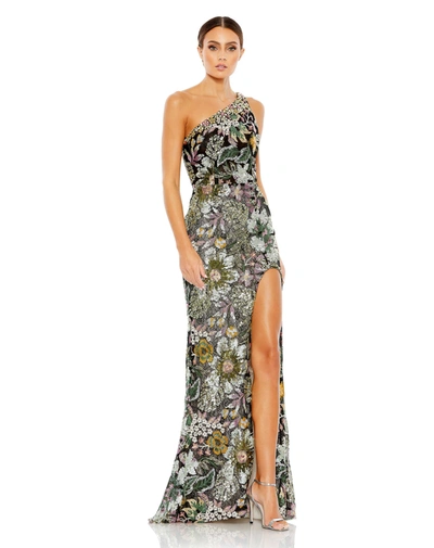 MAC DUGGAL BLACK FLORAL SEQUINED EMBROIDERED ONE SHOULDER TRUMPET GOWN