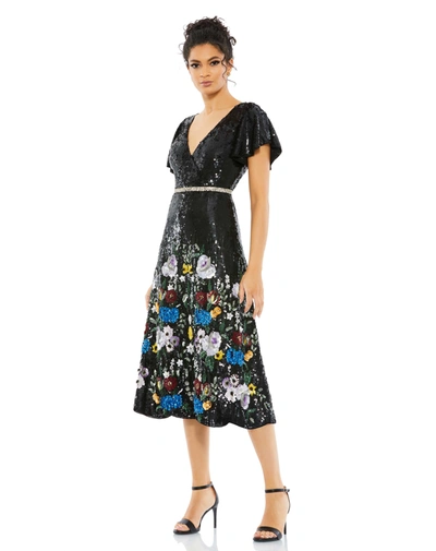 Mac Duggal Embellished Flutter Sleeve Dress In Black