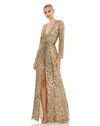 Mac Duggal Embellished Long Sleeve Evening Gown In Antique Gold