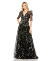 MAC DUGGAL EMBELLISHED GATHERED PUFF SLEEVE FAUX WRAP GOWN