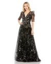 Mac Duggal Embellished Gathered Puff Sleeve Faux Wrap Gown In Black