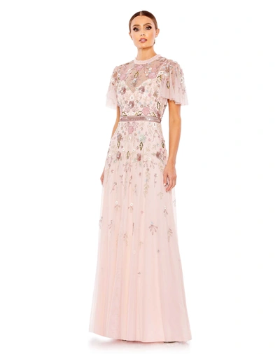 Mac Duggal Embellished High Neck Butterfly Sleeve Gown In Silver
