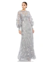 Mac Duggal Embellished Illusion High-neck Bishop-sleeve Gown In Platinum
