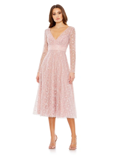 Mac Duggal Embellished Illusion Long Sleeve Dress In Rose