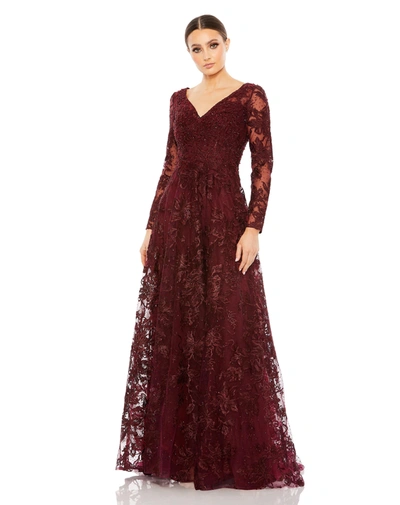 Mac Duggal Embellished Illusion Long Sleeve V Neck Gown In Brown