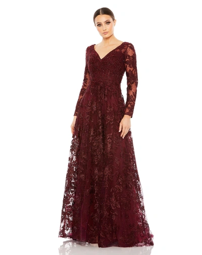 MAC DUGGAL RED EMBROIDERED ILLUSION LONG SLEEVE V NECK GOWN
