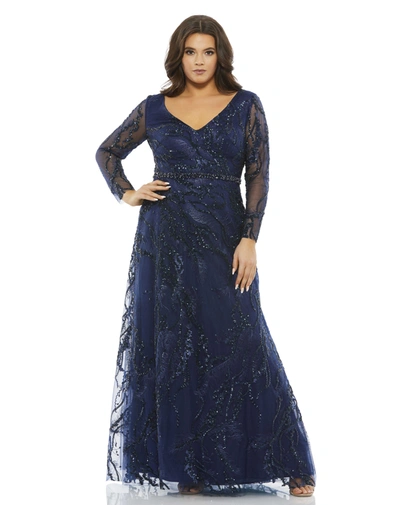 MAC DUGGAL EMBELLISHED ILLUSION LONG SLEEVE V-NECK A-LINE GOWN (PLUS)