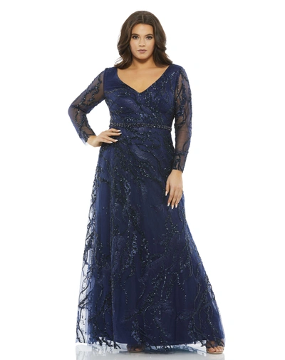 MAC DUGGAL NAVY EMBELLISHED ILLUSION LONG SLEEVE V-NECK A-LINE GOWN (PLUS)