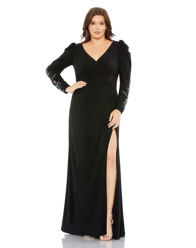 MAC DUGGAL EMBELLISHED LONG SLEEVE FAUX WRAP GOWN (PLUS)