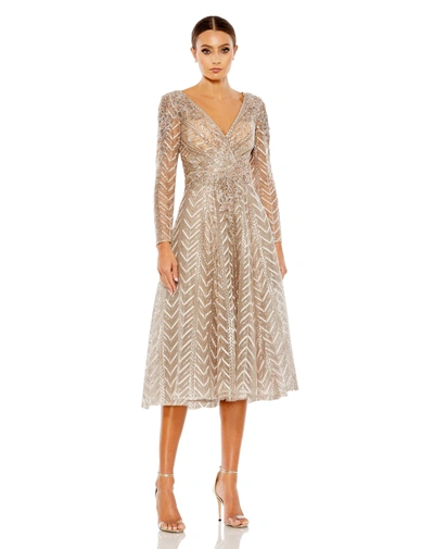 Mac Duggal Embellished Long Sleeve Wrap Over Dress In Taupe