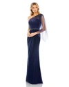 Mac Duggal Beaded One-shoulder Sheath Gown In Navy