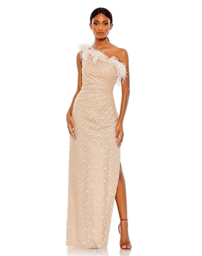 MAC DUGGAL EMBELLISHED ONE SHOULDER GOWN W/ OSTRICH FEATHERS