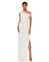 Mac Duggal One-shoulder Floral Sequin Feather Trim Sheath Gown In White