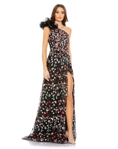 Mac Duggal Embellished Ruffled One Shoulder A Line Gown In Black Multi