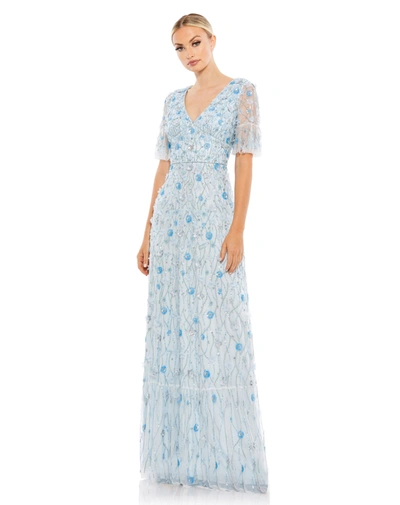 MAC DUGGAL BLUE EMBELLISHED V-NECK EMPIRE WAIST RUFFLE HEM GOWN