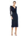 Mac Duggal Embellished V Neck Illusion Long Sleeve Column Midi In Midnight