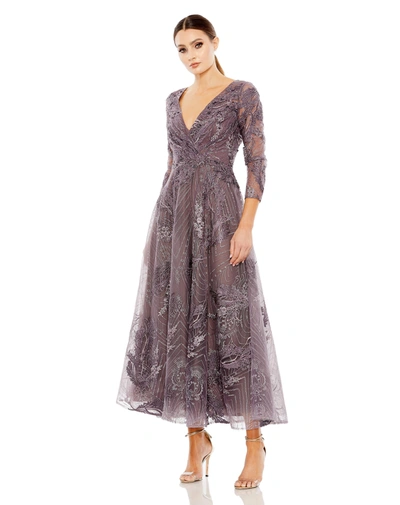 Mac Duggal Women's Embellished Wrap Over 3/4 Sleeve Dress In Aubergine