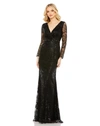 MAC DUGGAL EMBELLISHED WRAP OVER LONG SLEEVE GOWN