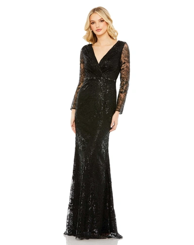 Mac Duggal Embellished Wrap Over Long Sleeve Gown In Black