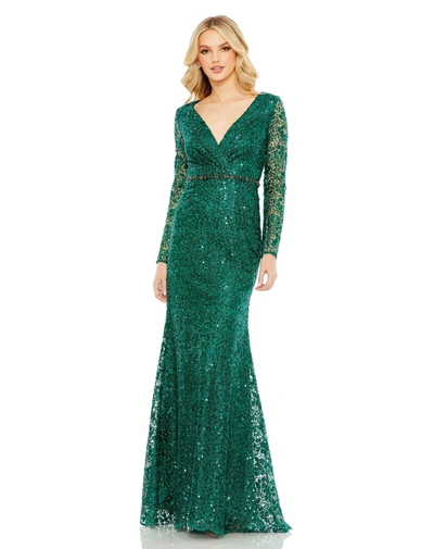 Mac Duggal Embellished Wrap Over Long Sleeve Gown In Emerald