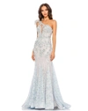 Mac Duggal Beaded Feather Detail One-shoulder Mermaid Gown In Crystal Blue