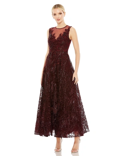 MAC DUGGAL RED EMBROIDERED HIGH NECK SLEEVELESS DRESS