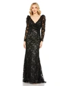 MAC DUGGAL EMBROIDERED LACE PUFF SLEEVE WRAP OVER GOWN