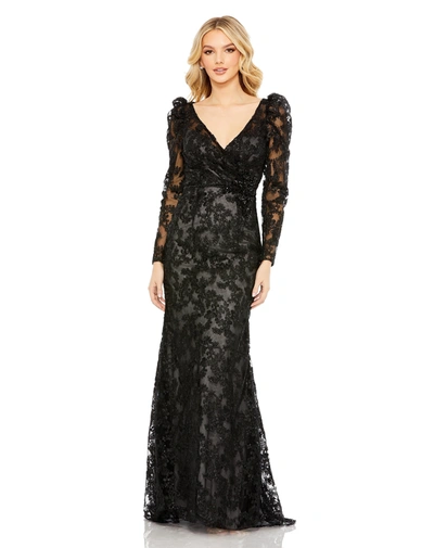 MAC DUGGAL EMBROIDERED LACE PUFF SLEEVE WRAP OVER GOWN