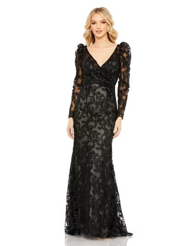 MAC DUGGAL BLACK EMBROIDERED LACE PUFF SLEEVE WRAP OVER GOWN