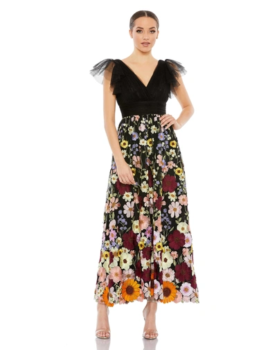 Mac Duggal Embroidered Ruched Flutter Sleeve A Line Dress In Black Multi