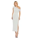 Mac Duggal Feather Trim One Shoulder Draped Dress In White