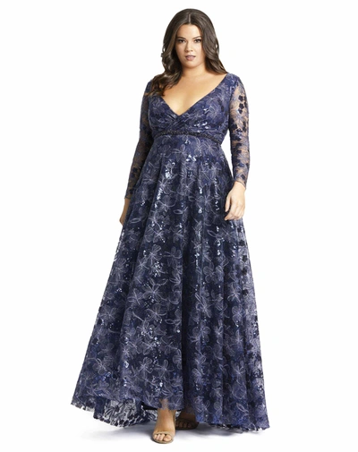 Mac Duggal Embellished Illusion Long Sleeve Wrap Over A Line In Midnight