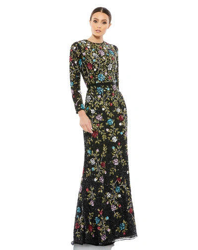 MAC DUGGAL BLACK FLORAL EMBELLISHED LONG SLEEVE GOWN