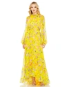 MAC DUGGAL FLORAL PRINT CHIFFON RUCHED RAGLAN SLEEVE GOWN