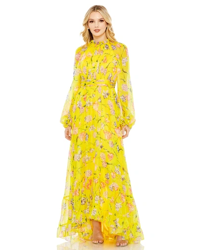 Mac Duggal Floral Print Chiffon Ruched Raglan Sleeve Gown In Yellow Multi