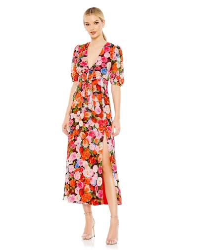 Ieena For Mac Duggal Floral Print Front Tie Puff Sleeve Flowy Midi Dress In Rose Multi