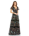 MAC DUGGAL FLORAL PRINT PLEATED WRAP OVER BUTTERFLY SLEEVE MAXI DRESS