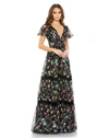Mac Duggal Floral Print Pleated Wrap Over Butterfly Sleeve Dress In Black Multi