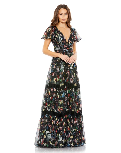MAC DUGGAL BLACK FLORAL PRINT PLEATED WRAP OVER BUTTERFLY SLEEVE MAXI DRESS
