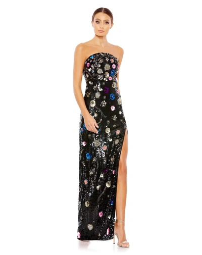 MAC DUGGAL BLACK FLORAL EMBELLISHED STRAPLESS COLUMN GOWN