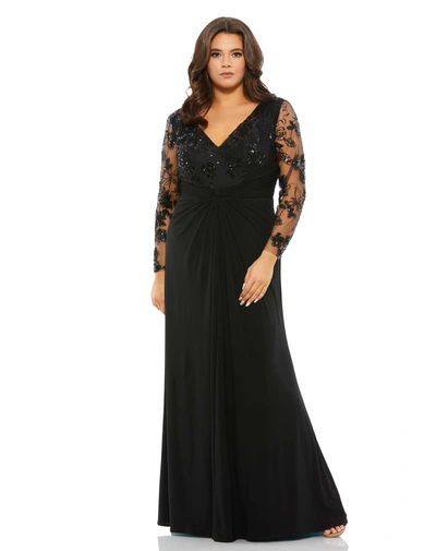 Mac Duggal Black Front Twist Embellished Illusion Long Sleeve Gown (plus)