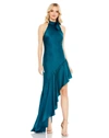 Mac Duggal Halter Neck Ruffle Hem Asymmetric Satin Gown In Teal
