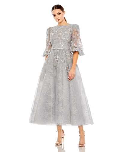 MAC DUGGAL GRAY HIGH NECK PUFF SLEEVE EMBELLISHED DRESS